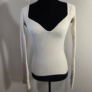 Ribbed Sweetheart Neck Top Cream Ivory Long Flare Bell Sleeve Slim Fit XS